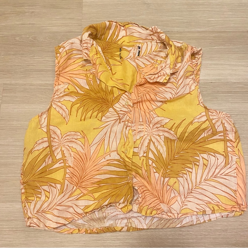 Tropical Print Sleeveless Top Flax Cotton Palm Leaves